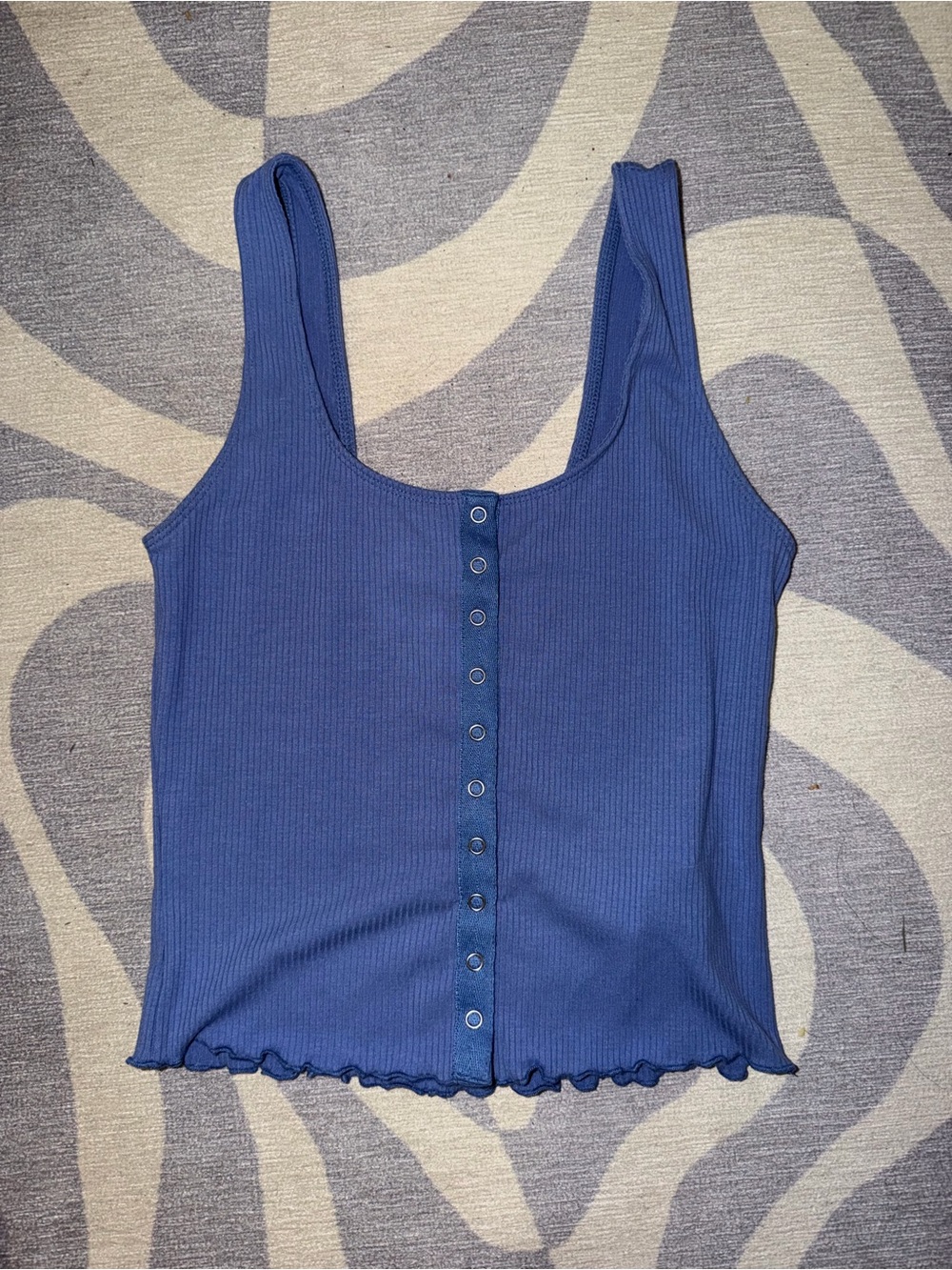 Blue Button-Front Ribbed Tank Top with Summer Hem